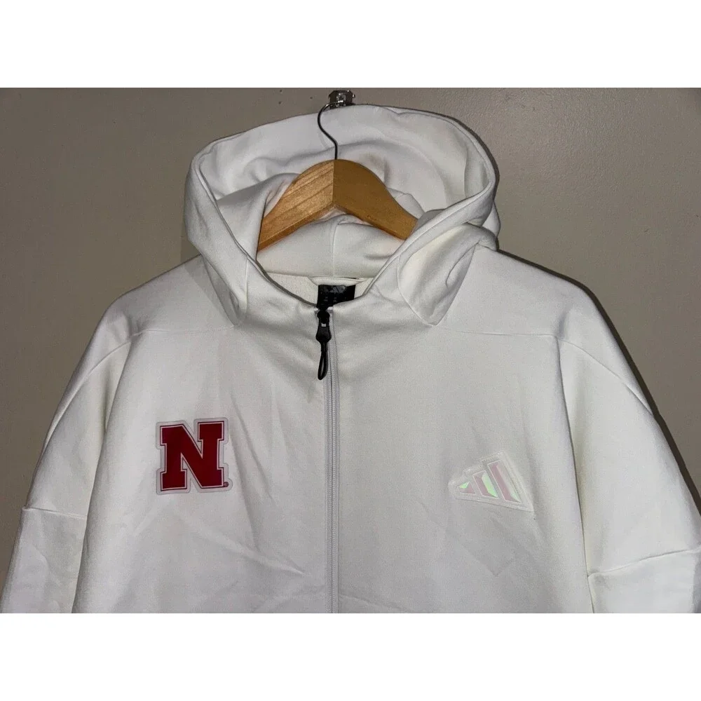 Men 2XL Adidas Nebraska Cornhuskers Football ZNE FZ Hoodie White KR0006 NCAA NEW